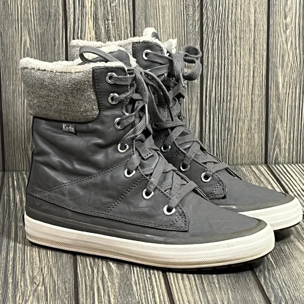 Keds Booties Winter Sneaker Women Sz 6.5 Gray Wool‎ Faux Fur Lined WF55478
